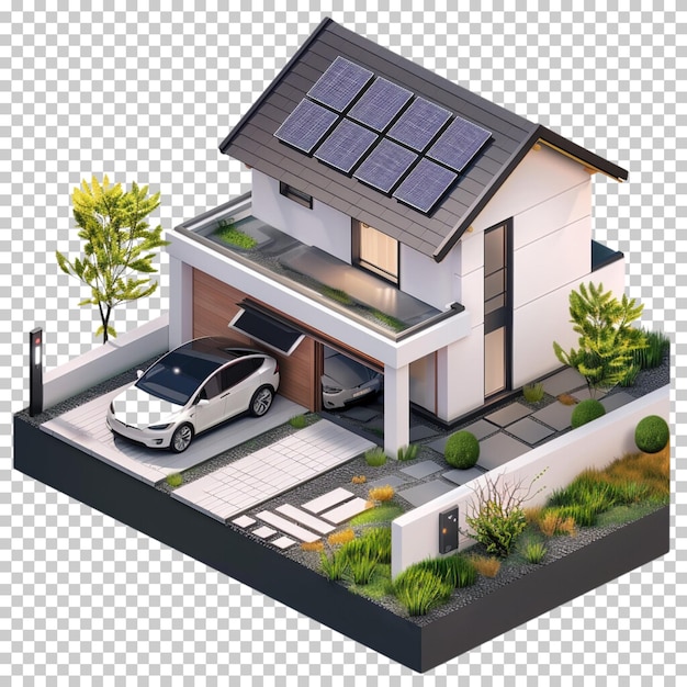 PSD 3d modern house with solar panels black and white roof panels isolated on transparent background