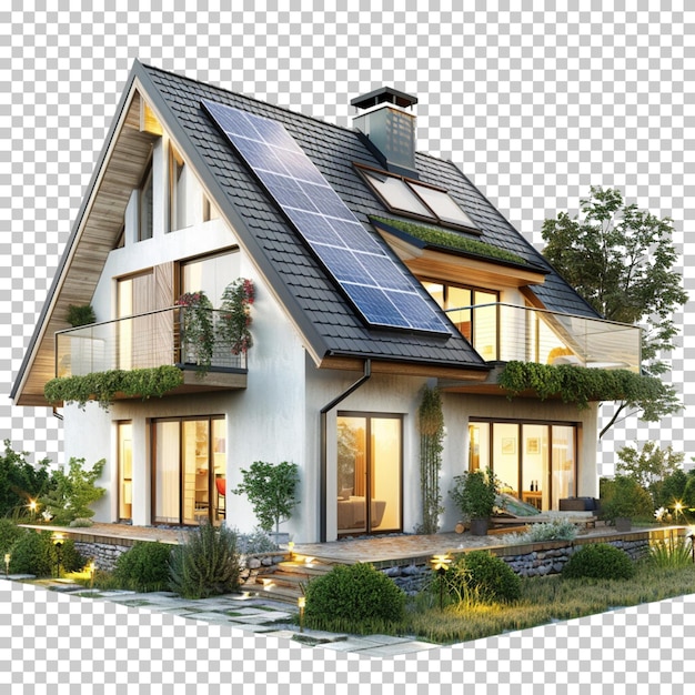 3d modern house with solar panels black and white roof panels isolated on transparent background