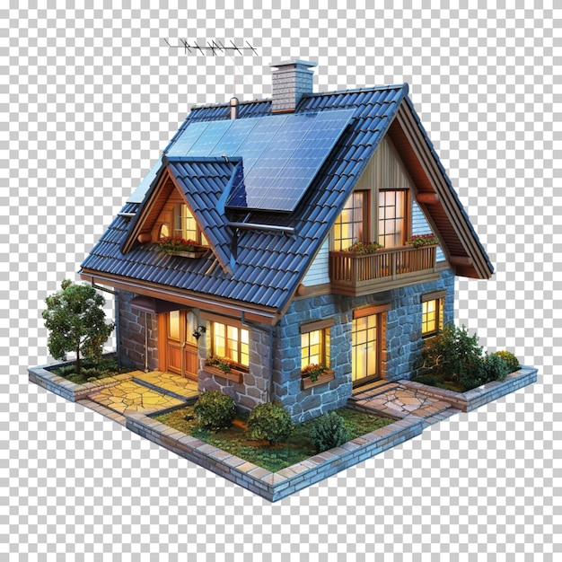 PSD 3d modern house with solar panels black and white roof panels isolated on transparent background