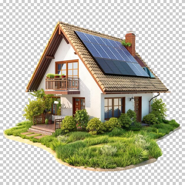 3d modern house with solar panels black and white roof panels isolated on transparent background