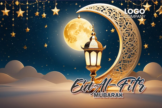 3d modern islamic holiday banner suitable for ramadan a litup lantern and crescent moon decor