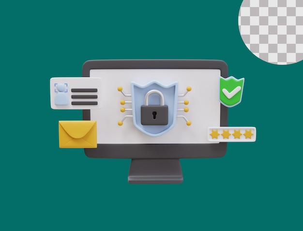 3D Monitor Icon Padlock Shield Weryfikacja identyfikacji koperta Kontrola hasła Mark Ochrona bezpieczeństwa cybernetycznego koncepcja 3D ilustracja dla sieci lub aplikacji