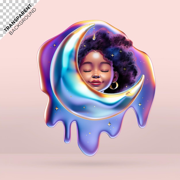 3d moon and curly little girl holographic ilustration