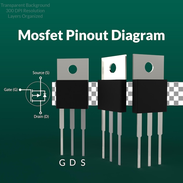 PSD 3d mosfet rendering with pinout diagram electronic parts transistor in highquality illustration