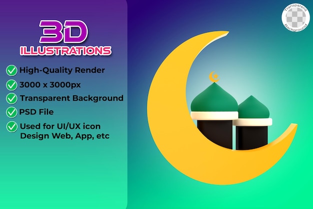 3D Moskee en Crescent Moon voor Ramadan Celebration Object op een transparante achtergrond