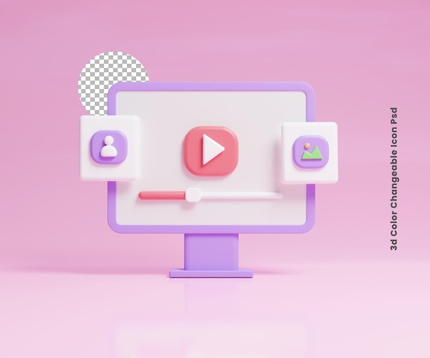3d multimedia user interface on monitor or 3d multimedia website interface concept icon