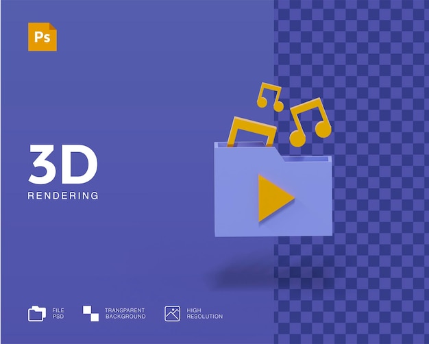 PSD Значки папки 3d музыки с мелодией и примечанием