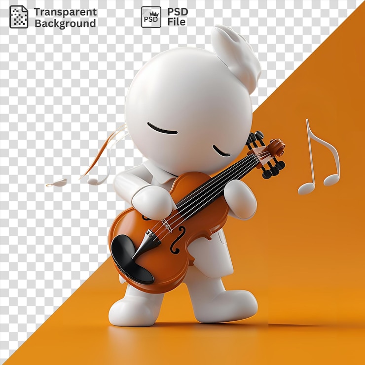 PSD 3d musician cartoon playing a soulful melody on a violin accompanied by a white balloon and a black and brown guitar with a white foot and leg visible in the foreground