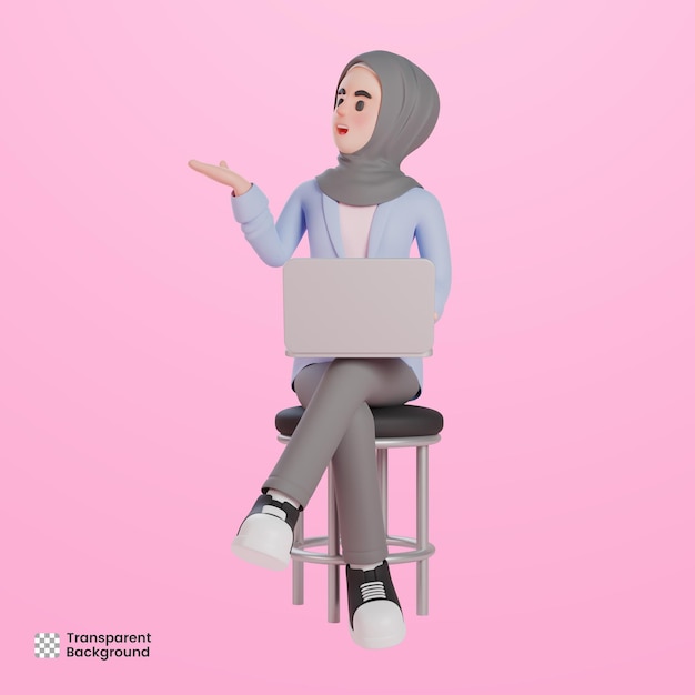 3d muslim woman sitting and presenting with laptop