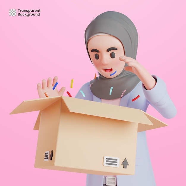 상자 패키지를 여는 동안 놀란 3d 이슬람 여성