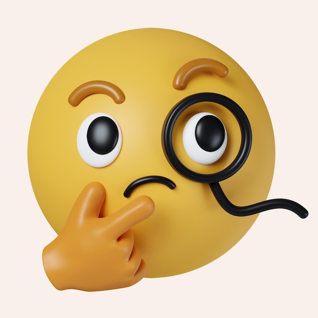 PSD 3d myśląca twarz emoji emotikon twarz z jednym palcem i kciukiem spoczywającym na brodzie patrząc w górę ikona izolowana na szarym tle ilustracja renderowania 3d ścieżka przycinająca