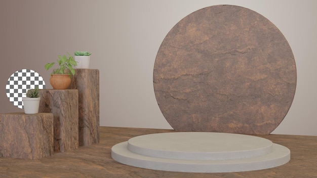 3d natural plaster podium with stone and decoration plants