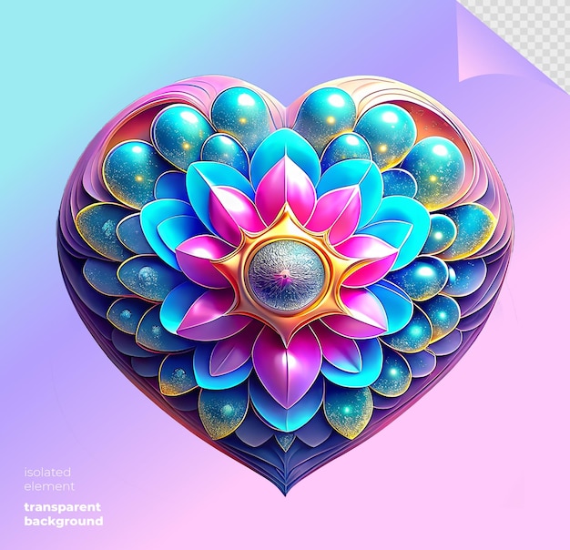 PSD 3d neon holo colored heart object in y2k style trendy futuristic and vibrant asian floral element for abstract designs web print and creative projects