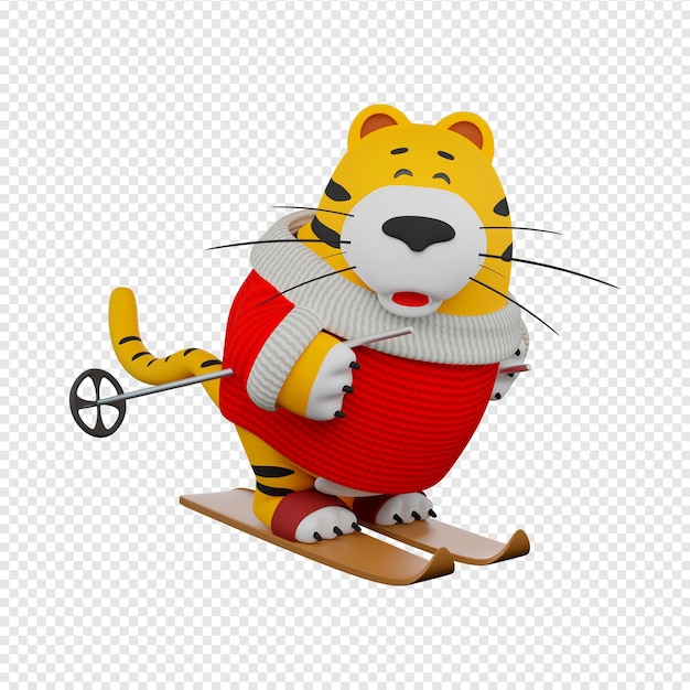 PSD 3d new year cartoon tiger skiing