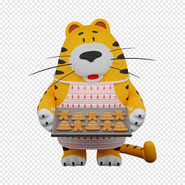 3D new year cartoon tiger with christmas cookies