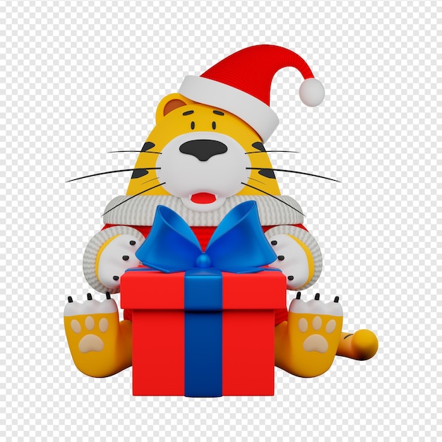 PSD 3d new year cartoon tiger with a gift 2022