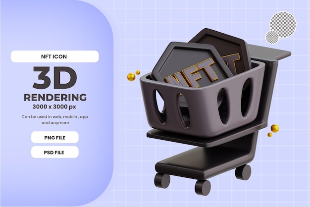 PSD 3d nft-muntenwinkelwagentje met zwart kleurenpictogram