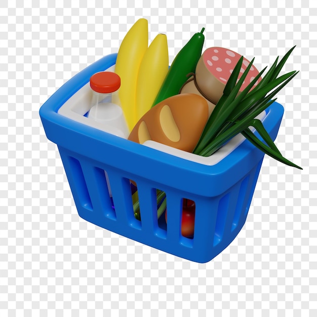 3d niebieski koszyk na zakupy z produktami spożywczymi koncepcja zakupów online na białym tle ilustracja