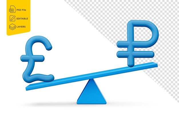 PSD 3d niebieski symbol funtów i rubli z 3d niebieską waga równowagi wibra 3d ilustracja