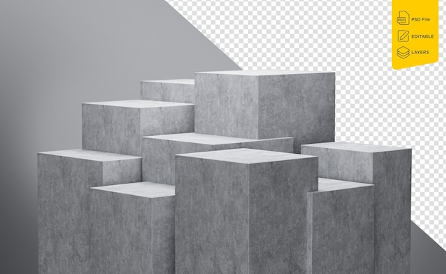 PSD 3d nove podi di cemento vuoti grigi isolati su uno sfondo grigio illustrazione 3d