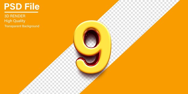 3d9番号 9 透明な背景に隔離された黄色と赤の金属