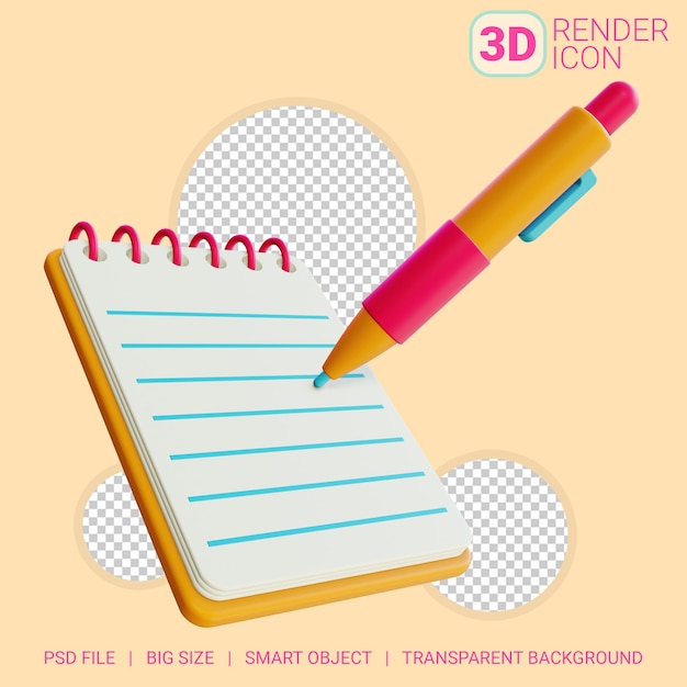 3d notebook and ballpoint with transparent background