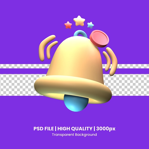3D notification bell icon rendered isolated on the purple background