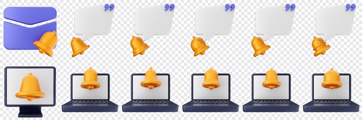 PSD 3d notification mail chat pc laptop notice alert attention application bell alarm reminder icon set bundle illustration