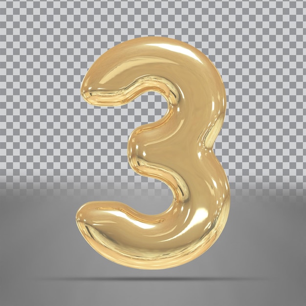 3d number 3 render golden