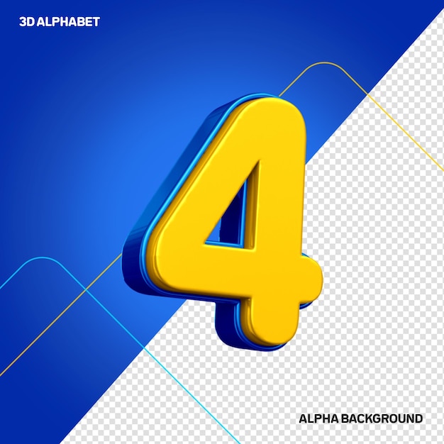 PSD 3d number 4 yellow with blue