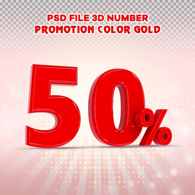 3d 숫자 50% 프로모션 또는 할인 스타일 색상 빨간색