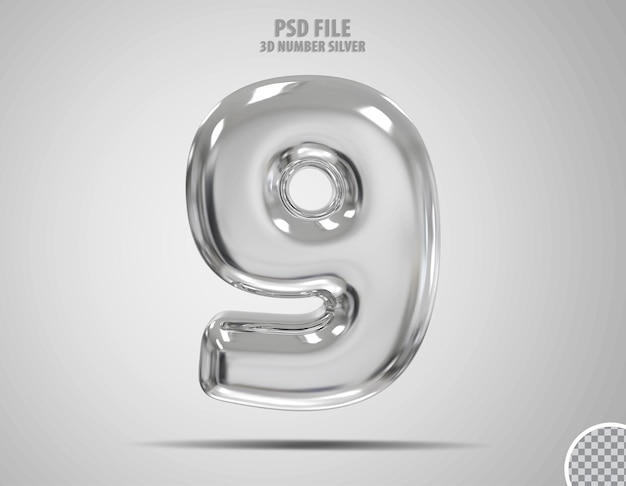 PSD 3d number 9 silver luxury render