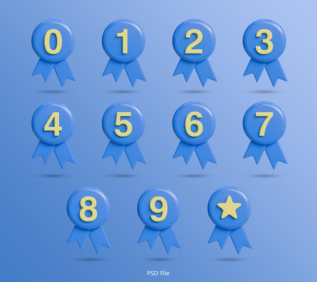 3d number badge icon pack blue ribbon glossy