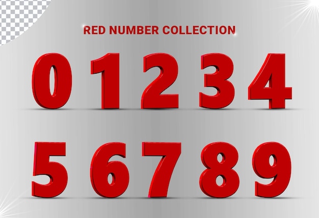 PSD Коллекция 3d number set от 0 до 9 с красным стилем