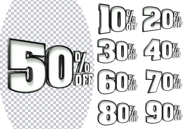 3d number set percent 10 to 90 collection with color black and white