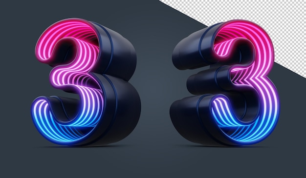 PSD numero 3d con luce al neon colorata all'interno del rendering 3d