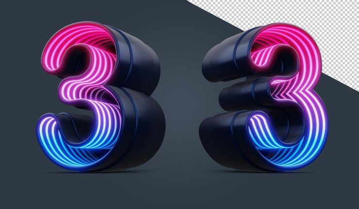 PSD 3dレンダリング内のカラフルなネオンライト付きの3d番号