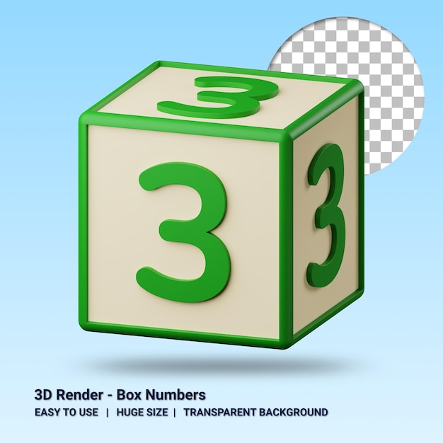 3d numer trzy na pudełku z przezroczystym tłem