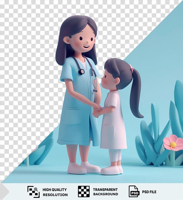 PSD 3d nurse caring for a patient in a blue dress surrounded by pink flowers and a doll with a blue wall in the background