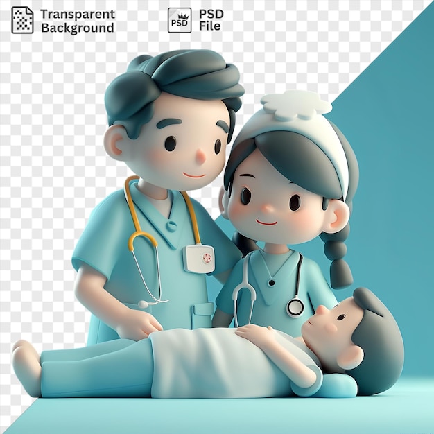 3d nurse caring for a patient in a hospital setting with a blue wall in the background the nurse wears a blue shirt and has black hair while the patient has a black eye