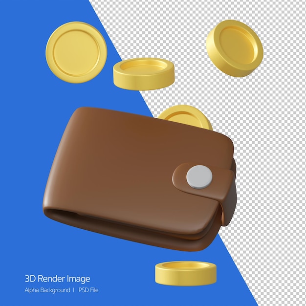 3d object Rendering of brown leather wallet. Icon of wallet, have some of coin.
