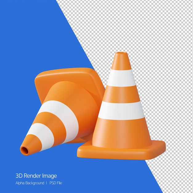 PSD 3dオブジェクトトラフィックコーンのレンダリング。建設中のコンセプト。