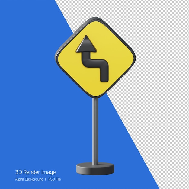 3d object Rendering of traffic sign.Left curve ahead
