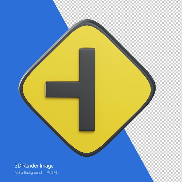 PSD 3d object rendering of traffic sign. sideroad intersection. yellow sign