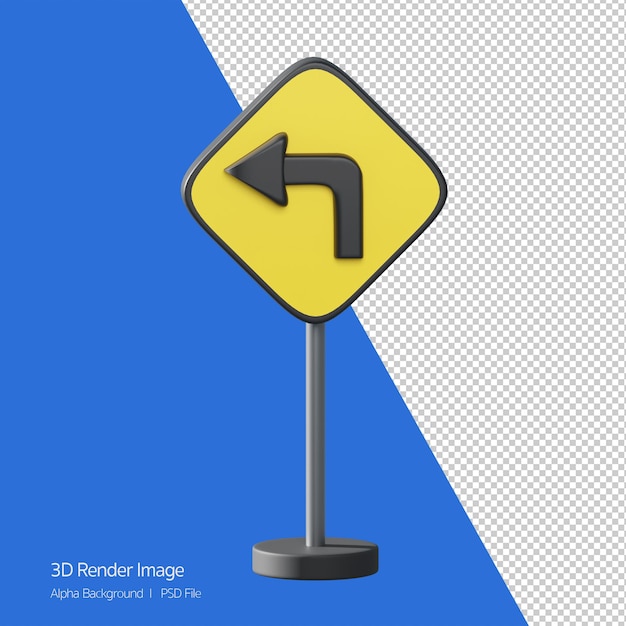 3d object rendering of traffic sign. turn left ahead.