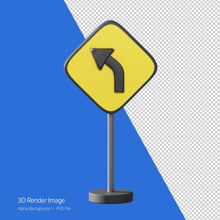 PSD 3d-object rendering van verkeersbord. linkse bocht vooruit