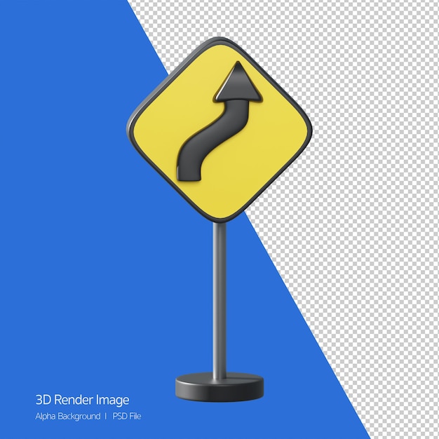 3d-object weergave van verkeersbord. dubbele bocht, eerst naar rechts