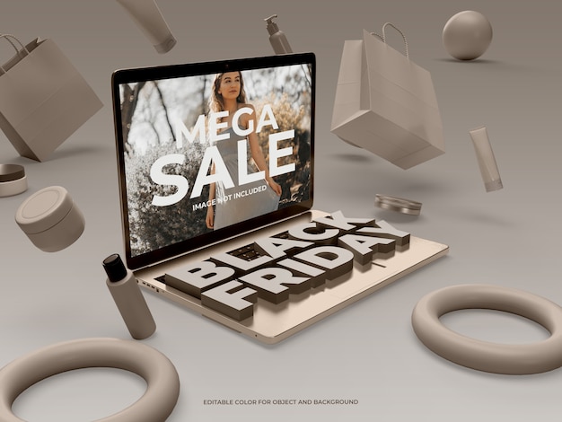 PSD 3d-objecten en laptop voor black friday