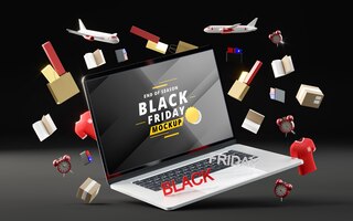 3d-objecten en laptop voor zwarte vrijdag op zwarte achtergrond