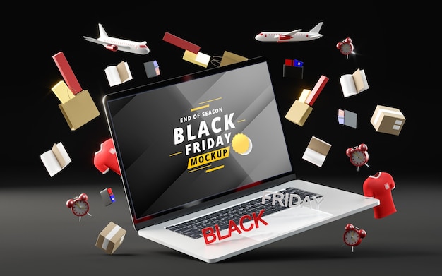 3d objects and laptop for black friday on black background